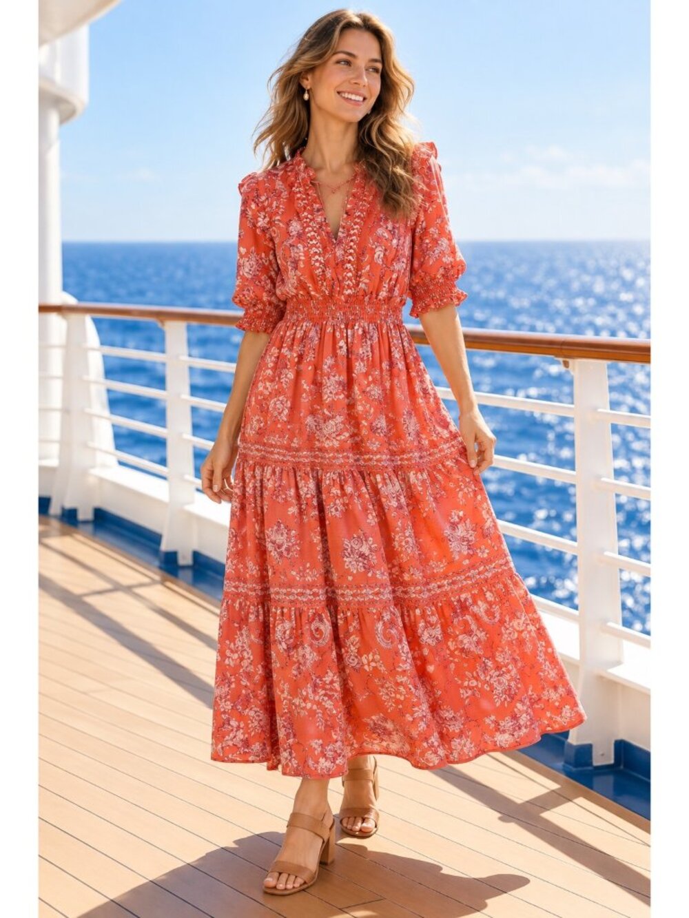 NWT Max Studio London Large Coral Floral Tiered Maxi Dress Short Sleeve Smocked